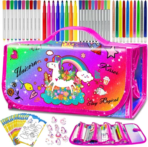 Vista 13 de weirtoya 56 marcadores perfumados lavables con estuche con purpurina, arte y manualidades de unicornio de sirena para niños de 4 a 8 años, kits