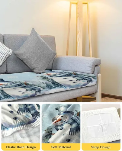 Vista 4 de Fundas de cojín para sofá de Navidad con diseño de muñeco de nieve azul, funda elástica para sofá con parte inferior elástica, fundas de sofá