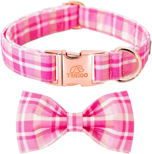 Vista 13 de Tunkoo Collar para perro con pajarita, elegante, a cuadros, suave, cómodo, de algodón, ajustable, hebilla de metal premium, pequeño, mediano