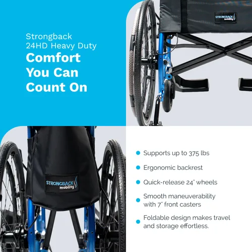 Vista 7 de Sillas de ruedas resistentes 24HD para adultos, silla de transporte plegable ligera con respaldo ergonómico, diseño portátil y marco duradero, ancho