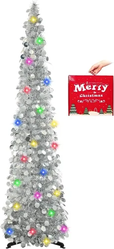 Vista 22 de MACTING Árbol de Navidad desplegable con 50 luces LED con temporizador, 5 pies, árbol de lápiz de oropel plegable de fácil montaje, árbol artificial