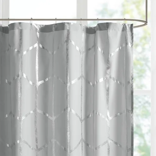 Vista 4 de Intelligent Design - Cortina de ducha Raina, estampado geométrico, lavable a máquina, moderna, para el cuarto de baño, estilo metalizado Gris