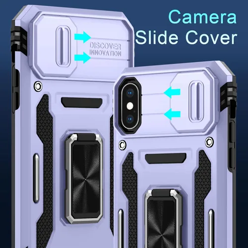Vista 347 de DEERLAMN Funda para iPhone Xs Max con funda deslizante para cámara + protector de pantalla, soporte giratorio de anillo de grado militar a prueba