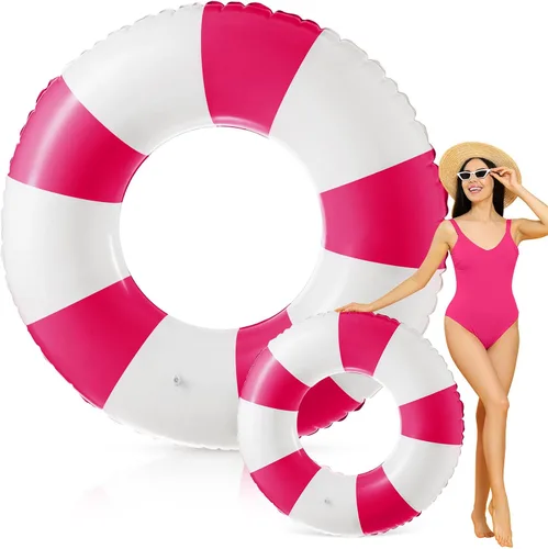 Vista 8 de Foilswirl Flotadores inflables jumbo de 47.24 pulgadas para piscina, anillos de piscina a rayas azules y blancas, tubo inflable para mujeres