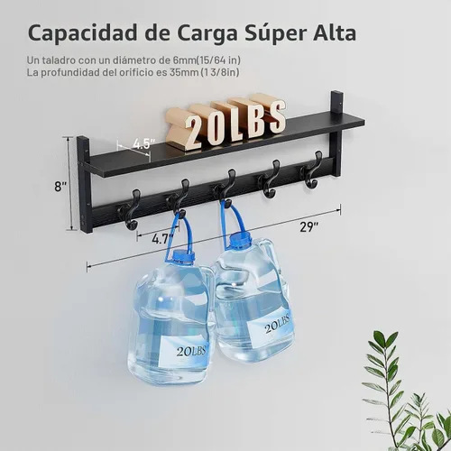 Vista 4 de Tatub Perchero rústico de 29 pulgadas con estante, ganchos de pared de entrada con estante, perchas para baño, sala de estar, dormitorio, negro