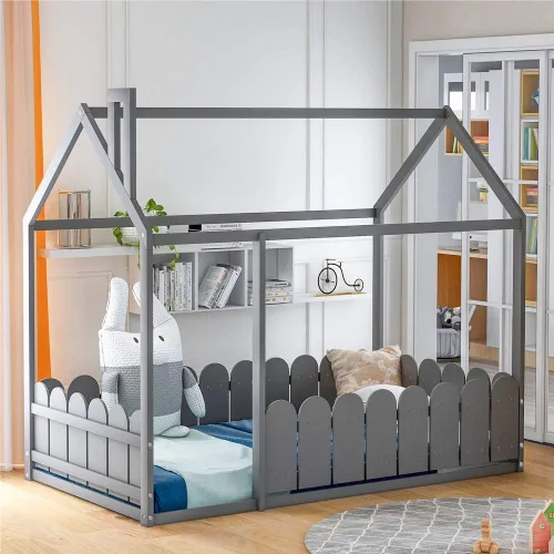 Vista 11 de Cama individual de madera con barandilla de valla para niños y niñas, tienda de campaña con toldo con techo (gris)