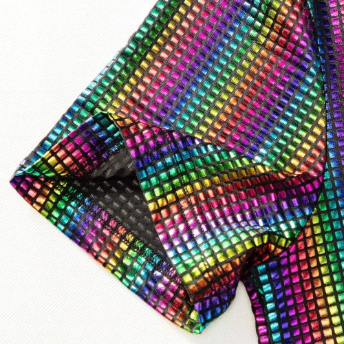 Vista 4 de WULFUL Camisa de discoteca para hombre con lentejuelas de manga corta con botones, camisas de vestir para fiesta de los años 70