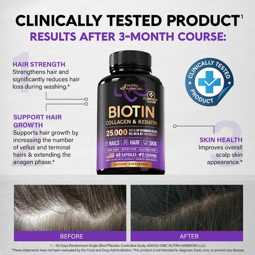 Vista 4 de Biotina Colágeno Ácido hialurónico Queratina - Vitaminas para apoyar el crecimiento del cabello y la fuerza - Suplemento para la piel