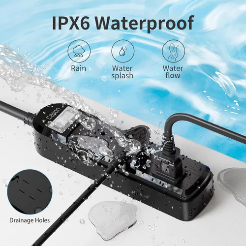 Vista 2 de Regleta de alimentación al aire libre IPX6 resistente a la intemperie, protector contra sobretensiones impermeable con 3 tomas anchas y cable