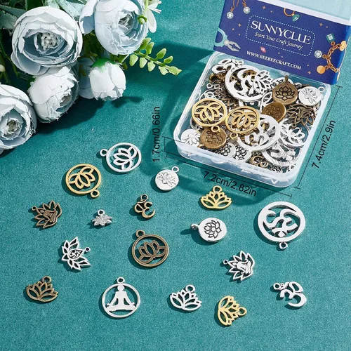 Vista 7 de SUNNYCLUE 1 caja 68 dijes de loto para yoga, flor de loto, dije hueco OM Yoga Chakra Energía Dijes planos redondos para hacer joyas, collares