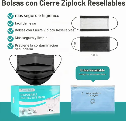 Vista 6 de Mascarilla desechable de 4 capas, color negro con interior blanco, paquete de 50
