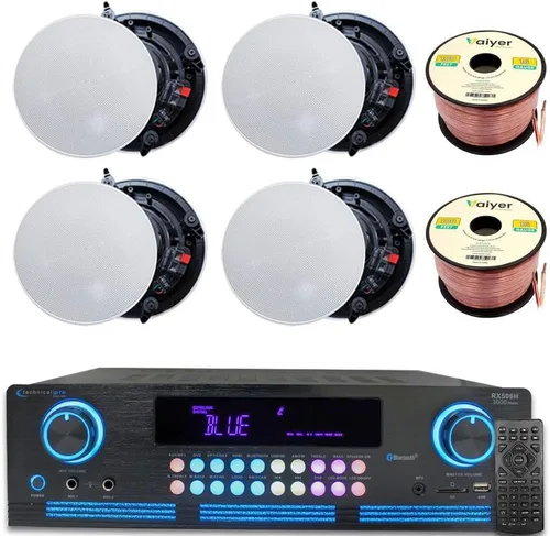 Vista 10 de Technical Pro Kit de sistema de sonido de cine en casa, amplificador Bluetooth de 2000 vatios w/ 4 Qty of 8" Framed Ceiling Speakers 300 W Each