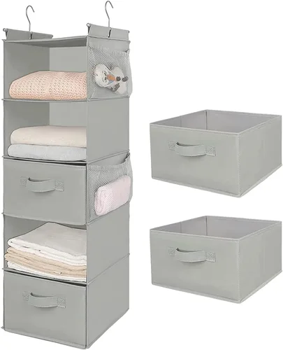 Vista 19 de MAX Houser Organizador Colgante de Closet de 5 Niveles, Estante Colgante de Tela con 2 Ganchos Resistentes para Almacenamiento, Plegable (Beige-D2)