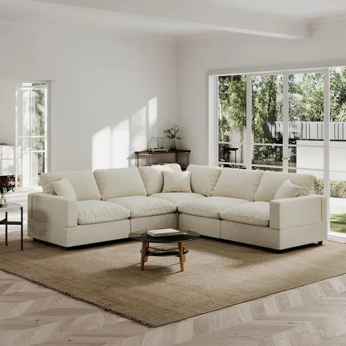 Vista 43 de Sofá seccional moderno de lino en forma de L para sala de estar, sofás modulares con relleno de plumón, fundas de cojín de sofá desmontables, sofá
