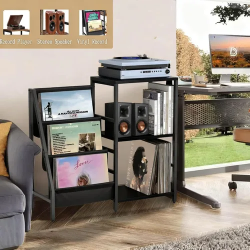 Vista 7 de Soporte para tocadiscos, soporte para tocadiscos con almacenamiento de discos de vinilo, soportes para tocadiscos, mesa auxiliar marrón para sala
