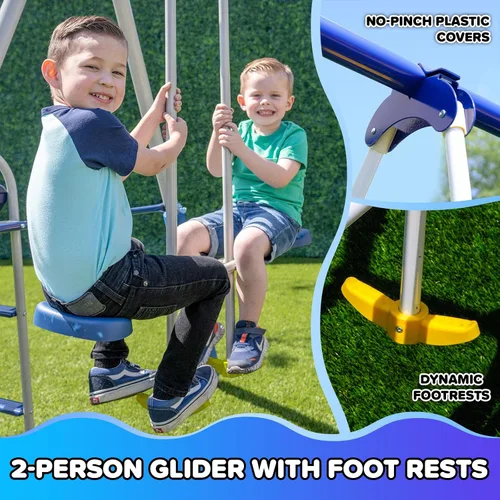 Vista 7 de Sportspower Super 9 Juego de columpios metálicos para juego al aire libre en el patio trasero: Teeter Totter, Glide Ride, Roman Glider, columpio