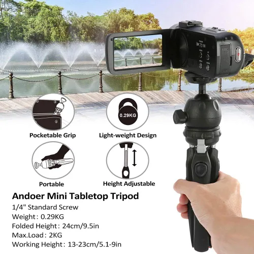 Vista 5 de Andoer H20 Mini trípode de mesa portátil plegable para cámara de teléfono con cabeza de bola extraíble con tornillo de 1/4 pulgadas