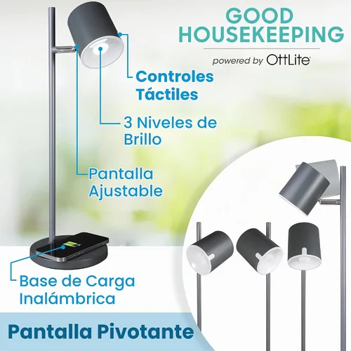 Vista 2 de OttLite Good Housekeeping - Lámpara de escritorio LED moderna, carga