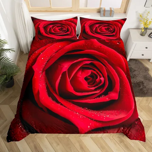 Vista 17 de Juego de funda de edredón de rosa roja, tamaño matrimonial, juego de ropa de cama floral color rojo degradado y negro para niñas, mujeres, niños