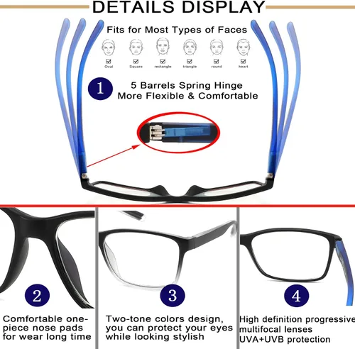 Vista 4 de 2 Pack Progressive Multifocus Reading Glasses for Men,Blue Light Blocking Multifocal Computer Readers