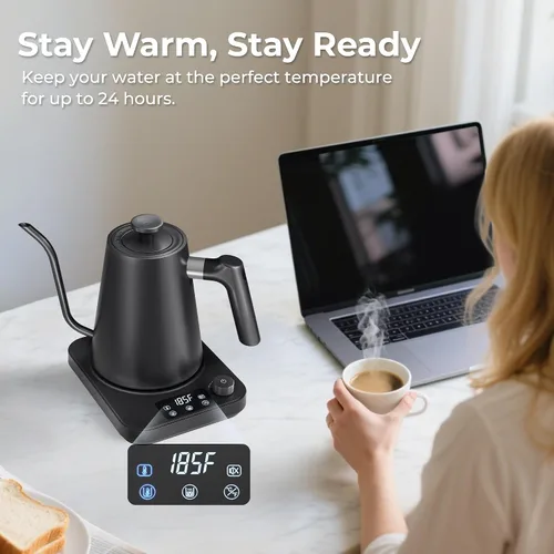 Vista 5 de Hervidor eléctrico de cuello de cisne, control de precisión de ±1 °F, ajuste de altitud inteligente, mantiene el calor 24 horas, memoria automática