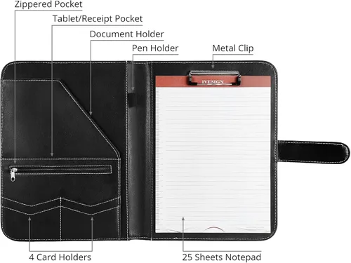 Vista 4 de Cuaderno Portafolio de Cuero con Carpeta, Portapapeles de Almacenamiento con Cubierta para Soporte de Bloc Legal Tamaño Carta A4, Bloc de Escritura