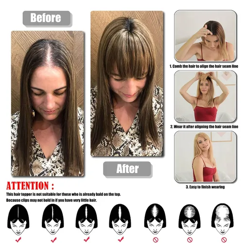 Vista 6 de JGS1996 Toppers de cabello humano real para mujer, con flequillo, pelucas de cabello humano 100% Remy, piezas de cabello para adelgazar