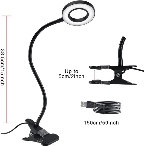 Vista 12 de Luces de lectura con clip de 48 LED, lámpara de escritorio con 3 modos de color y 10 brillo regulable, 360° flexible de cuello de cisne
