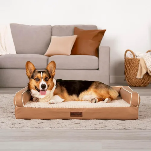 Vista 2 de Furhaven Sofá cama ortopédico para perro, sofá de espuma viscoelástica con refuerzos, felpa texturizada y funda resistente al agua, funda lavable
