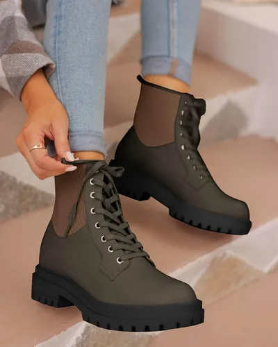 Vista 3 de VETASTE Botas de tobillo con cordones para mujer, puntera redonda, tacón bajo y grueso, botines de combate de invierno