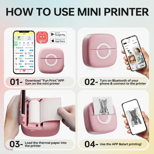 Vista 4 de Cabaro Mini Impresora de Calcomanías Impresora Térmica con 3 Rollos de Papel, Cápsulas de Impresión de Teléfono Portátil Bluetooth