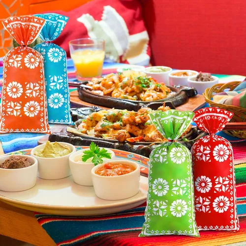 Vista 6 de 100 bolsas mexicanas de celofán para dulces para fiesta, recuerdo Recuerdo de fiesta con 150 lazos rojos, saco de regalo para fiesta