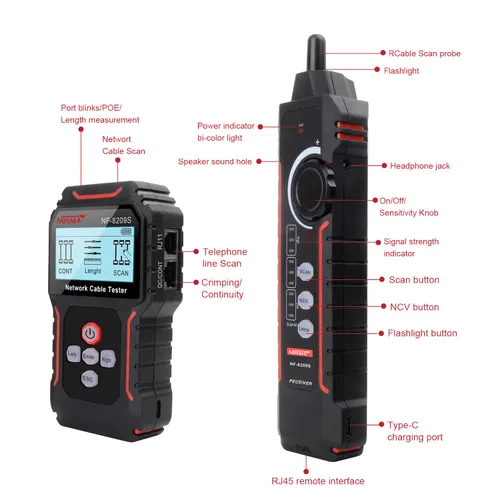 Vista 5 de NOYAFA NF-8209S Probador de Cables de Red Avanzado Actualizado con PoE y NCV, Prueba de Longitud de Cable, Parpadeo de Puerto, Rastreador de Cables