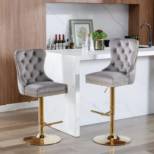 Vista 55 de Juego de 2 modernos taburetes de bar giratorios ajustables, sillas de bar copetudas de terciopelo beige con respaldo y ribete de cabeza de clavo