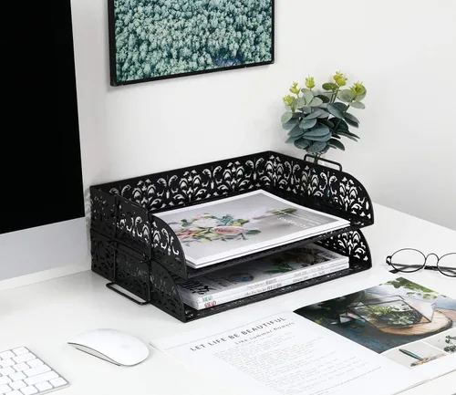 Vista 7 de EasyPAG, charola para escritorio de 2 niveles para cartas, diseño calado de flores, Negro