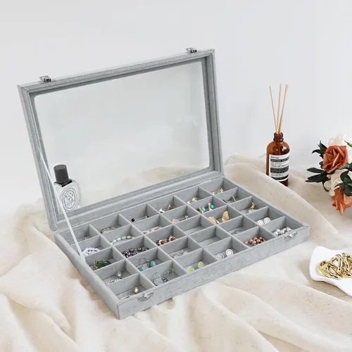Vista 4 de Wudygirl Organizador de joyas de terciopelo con 30 rejillas, caja de joyas, bandeja de joyería con tapa transparente, estuche de almacenamiento