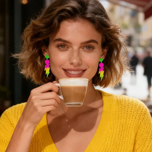 Vista 7 de Nanafast Aretes colgantes de neón de los años 80 para mujer, accesorios de los años 80 para mujer, joyería de neón degradado colorido