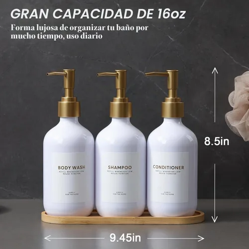 Vista 3 de Botellas dispensadoras de champú y acondicionador con bandeja de bambú Bomba blanca y dorada