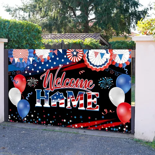 Vista 6 de Cartel de bienvenida a casa, decoración del día de los veteranos, tela patriótica, telón de fondo de fotos del ejército militar para despliegue