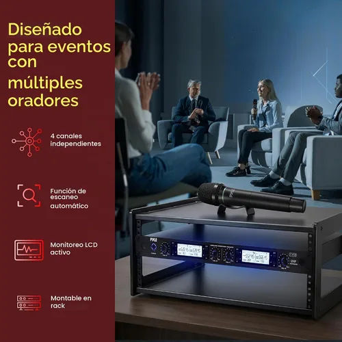 Vista 3 de Pyle Sistema de micrófono inalámbrico UHF de 4 canales con 2 micrófonos de mano, 2 Lavalier 2 auriculares y transmisores de cinturón, rango de 300