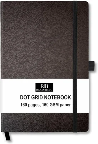 Vista 11 de RICCO BELLO Diario de cuadrícula de puntos de tapa dura, estrellas de luna negra, 5.7 x 8.4 pulgadas Diseño plano, soporte para bolígrafos, papel