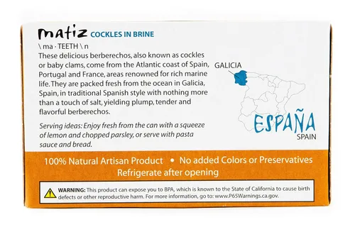 Vista 6 de Matiz España Berberechos Silvestres de Galicia, España en Salmuera Natural de Sal Marina (4 oz.) Berberechos Españoles, Almejas Pequeñas
