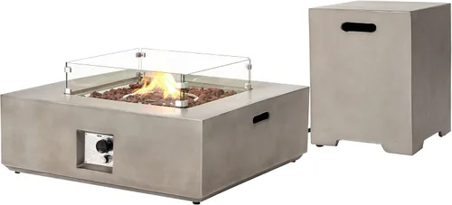 Vista 16 de SUNBURY Mesa de fuego de propano para exteriores de 35 pulgadas, mesa de fuego gris para patio de 50,000 BTU, mesa de fuego cuadrada de gas