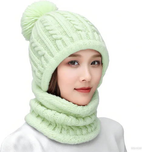 Vista 18 de Gorro de Invierno para Mujer de Una Pieza con Forro Polar Pasamontañas de Punto Conjunto con Bufanda Circular para Cuello Gorro de Esquí para Nieve
