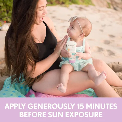 Vista 4 de Aveeno Baby Loción de protección solar mineral de óxido de zinc para pieles sensibles, amplio espectro SPF 50, sin desgarros, sudor y agua, sin