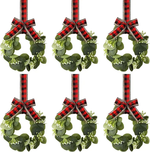 Vista 12 de 6 Piezas Coronas Pequeñas de Navidad para Gabinete de Cocina 9" Mini Coronas Artificiales de Boj de Navidad con Lazo de Cinta Decoración de Fiesta
