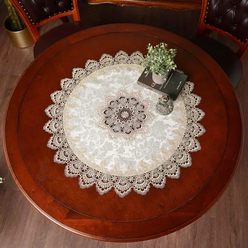 Vista 2 de ARTABLE Mantel redondo de encaje marrón claro pequeño 31 pulgadas Macrame lace table topper for coffee end side tables farmhouse decor holidays
