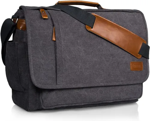 Vista 8 de ESTARER Bolsa de mensajero para laptop de 13 a 14 pulgadas, resistente al agua, bolsa de hombro de lona para universidad de negocios, gris
