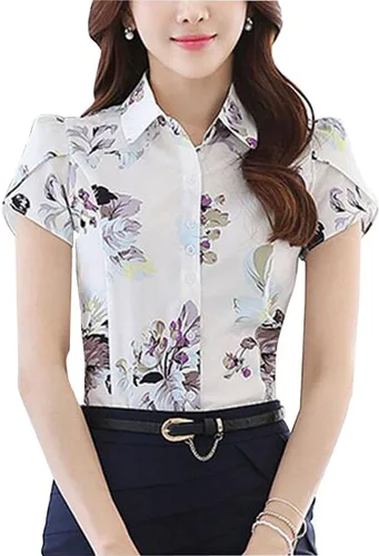 Vista 10 de Blusa de algodón con cuello para mujer de negocios casual con botones tipo polo manga tulipán