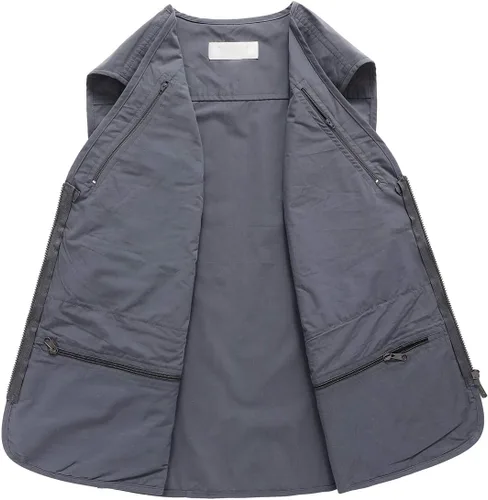 Vista 6 de Hbufnha Chaleco de viaje casual Safari para hombre, 16 bolsillos, chaleco de trabajo al aire libre, chaqueta sin mangas, chaqueta de pesca